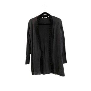 Soft Surroundings Grey Knit Cardigan Sweater Cashmere Blend Lace Edging Medium